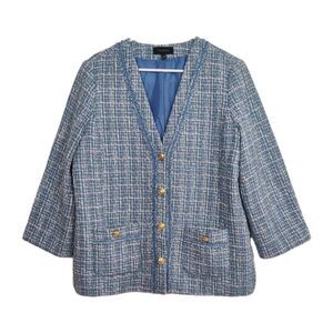 Talbots Tweed Button-up Coatigan Jacket, Women's 10, blue & white, long sleeves